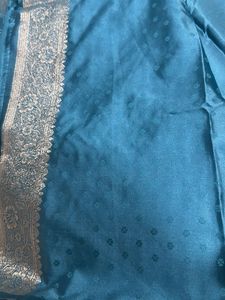 Teal Silk Saree with Gold Border