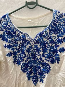 White Kurta with Blue Embroidery