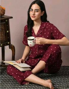 Heart Print Burgundy Pajama Set