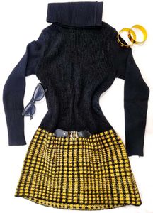 Chic Black & Yellow Plaid Turtleneck Dress