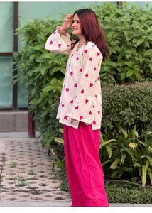 Cream Heart Print Kurta Set