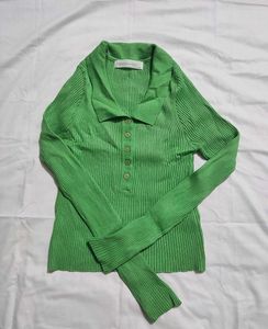 Ribbed Collared Button-Up Long Sleeve Top