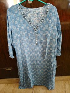 Blue Printed Kurta with Embellished Neckline