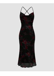 Black Floral Ruched Slip Dress