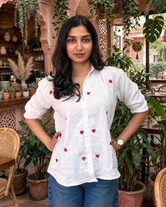 White Shirt with Red Heart Embroidery