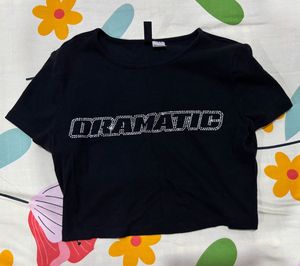 H&M Black "DRAMATIC" Rhinestone Crop Top