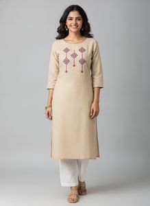 Beige Embroidered Kurta