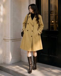 ✨ Mustard Beige Double-Breasted Midi Coat!