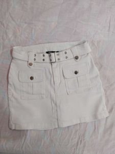 White Utility Denim Skort with Belt