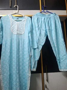 Sky Blue Kurta Set with White Embroidery