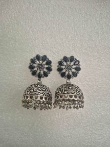 Oxidized Jhumka Earrings with Black Stones-Unused
