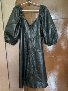 Black Faux Leather Puff Sleeve Dress