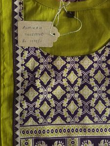 Mustard &amp; Purple Ajrakh - 3 piece Kurta Set