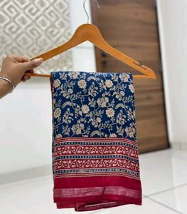 Blue Floral Print Saree with Red Border