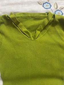Lime Green Ribbed V-Neck Top
