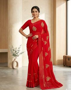 Elegant Red Georgette Saree with Golden Work