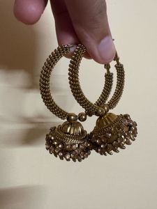 Gold Jhumka Earrings with Crystals