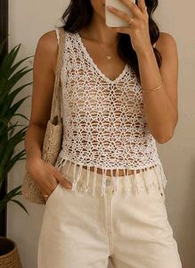 Boho White Crochet Cover Up Top with Fringe