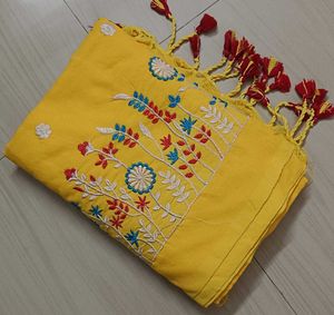 79)Vibrant Yellow Embroidered Handloom saree