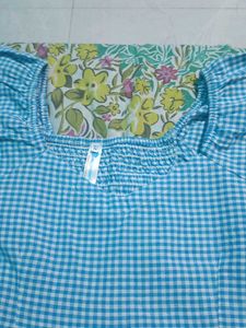 Cute Blue Gingham Puff Sleeve Top