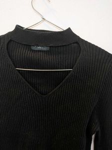 Chic Black Ribbed Bell Sleeve Top