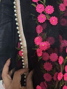 Black Net saree with Pink Floral Embroidery