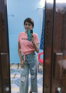 Pink Tie-Front Top &amp; Ripped Jeans Combo