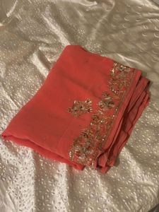 Y2K Beautiful Coral Saree with Embellishments
