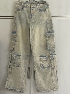 Acid Wash Baggy Fit Denim Cargo Pants