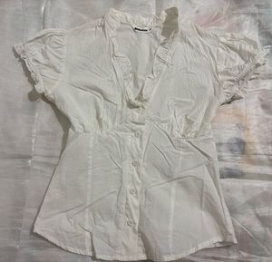 White Ruffled Button-Up Blouse