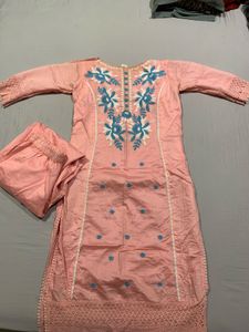 Elegant Pink Kurta Set with Blue Embroidery
