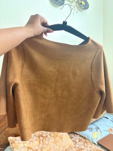 Brown Suede Bell Sleeve Crop Top
