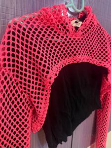 Pink Fishnet Cropped Hoodie.
