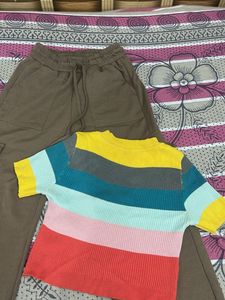 Brown Cargo Pants &amp; Rainbow Knit Top Set