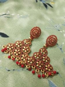 Boho Red &amp; Gold Floral Earrings