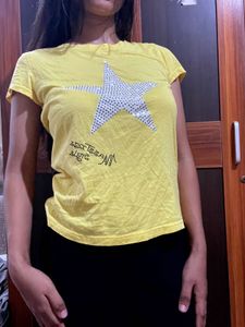 Y2K Yellow T-Shirt with Rhinestone Star