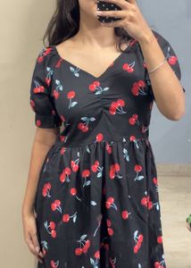 Cute Cherry Print Black Dress