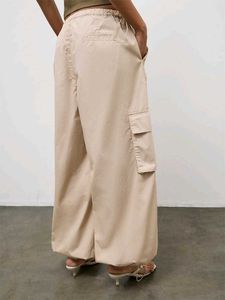 Beige Wide Leg Cargo Pants