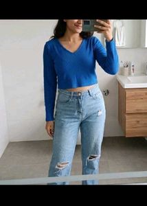combo of two white puff sleeve and blue ribbed top