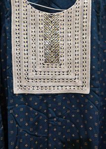 Blue Printed Kurta with Embellished Neckline