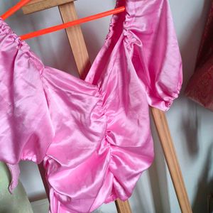 Pink Ruched Satin Puff Sleeve Top
