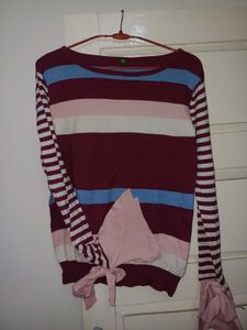 Striped Knit Sweater with Bow Detail