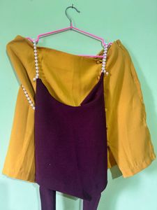 Maroon Crop Top with Pearl Straps and yellow mini