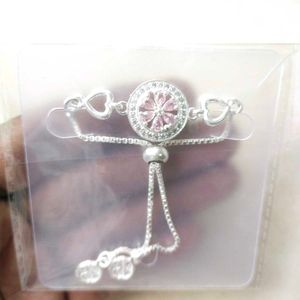 Pure Silver Pink CZ Stone Adjustable Hand Bracelet