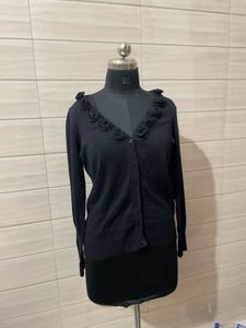 Korean imported Black Button-Up Cardigan with Flor