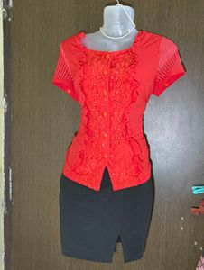 Chic Red Embellished Button-Up Top