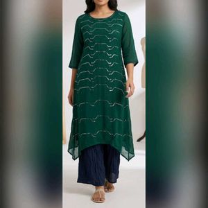 Elegant Green Kurta with Silver Embellishments
