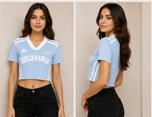 Blue Cropped "BELIEVABLE" Graphic T-Shirt