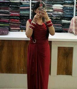 Elegant Red Gown with Embellished Waist