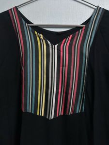 Black Kurti with Multicolour Striped Yoke